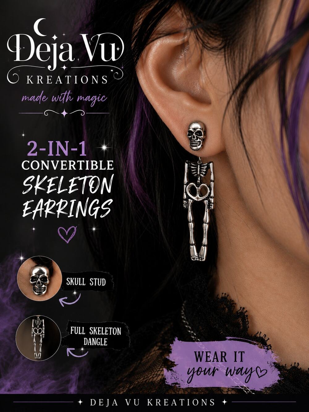 Silver Tone Skeleton Skull Dangle Stud Earrings